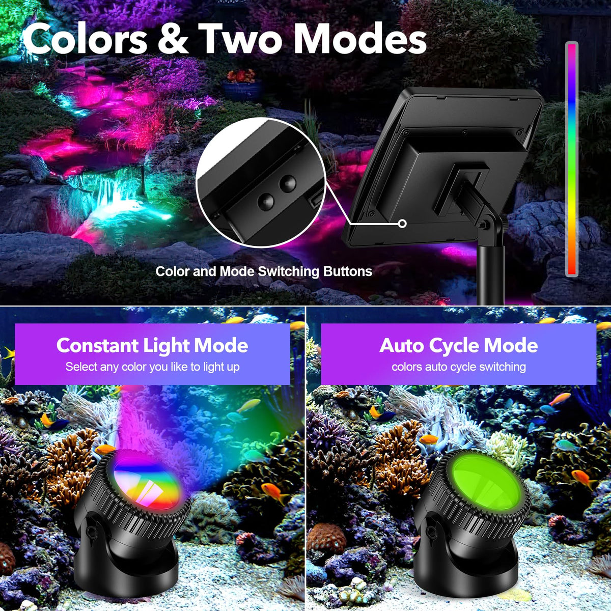 Underwater Solar Pond Lights RGB Fixed Color Modes IP68 Waterproof poposoapsolar