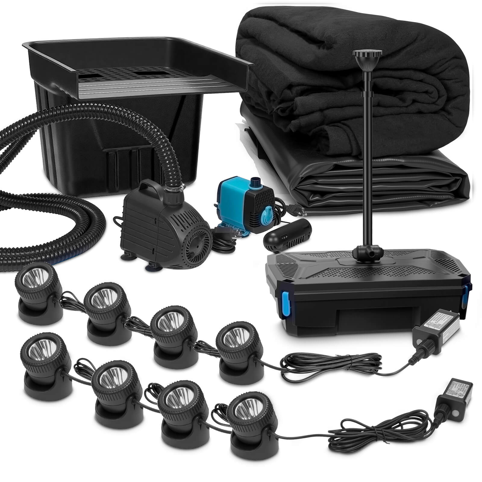 7′ x 7′ Pond Advanced Kit | 5-in-1 Filter, Waterfall, Lights, Pond Liner & Underlayment