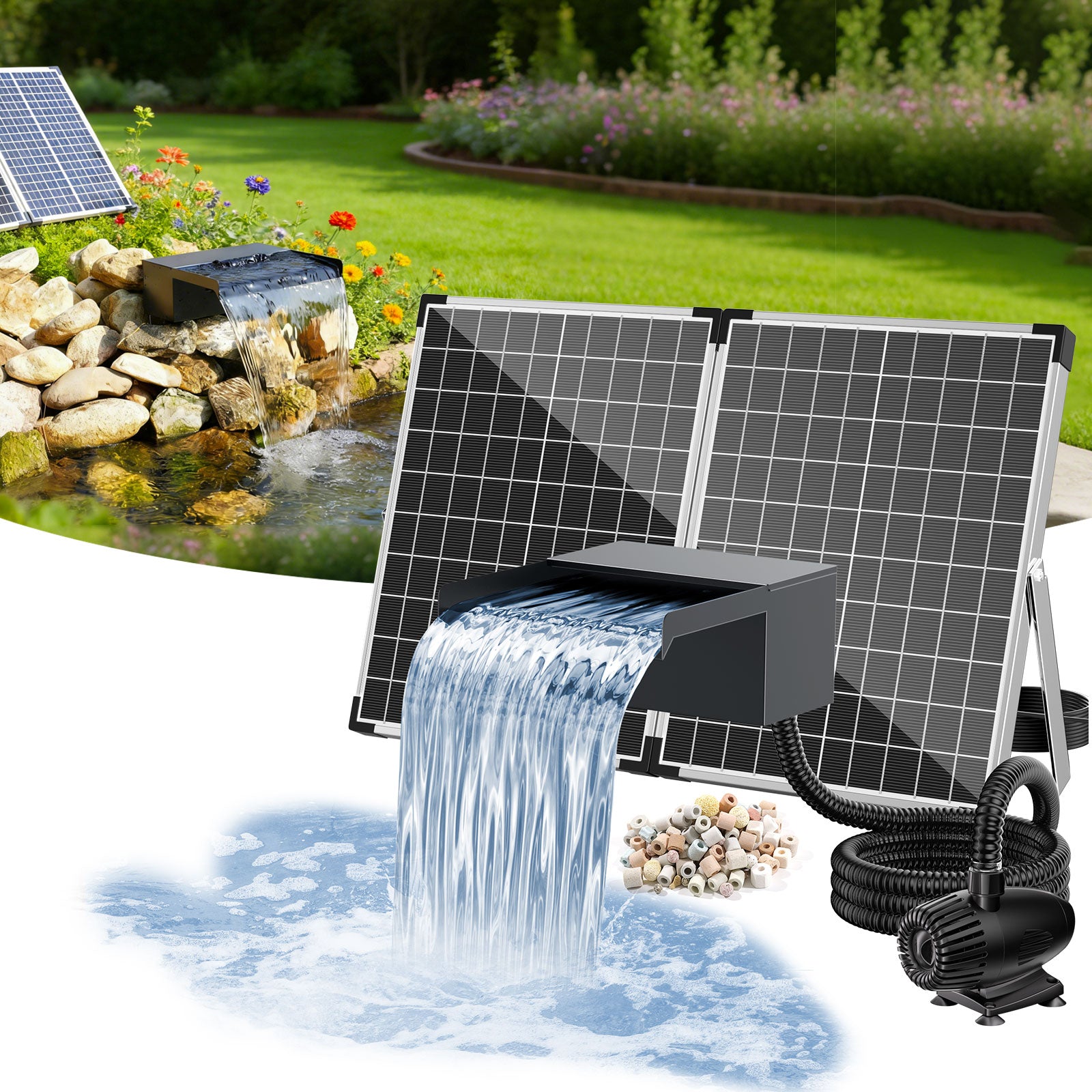 55W 580GPH Solar Waterfall Pump Kit with 8" Spillway