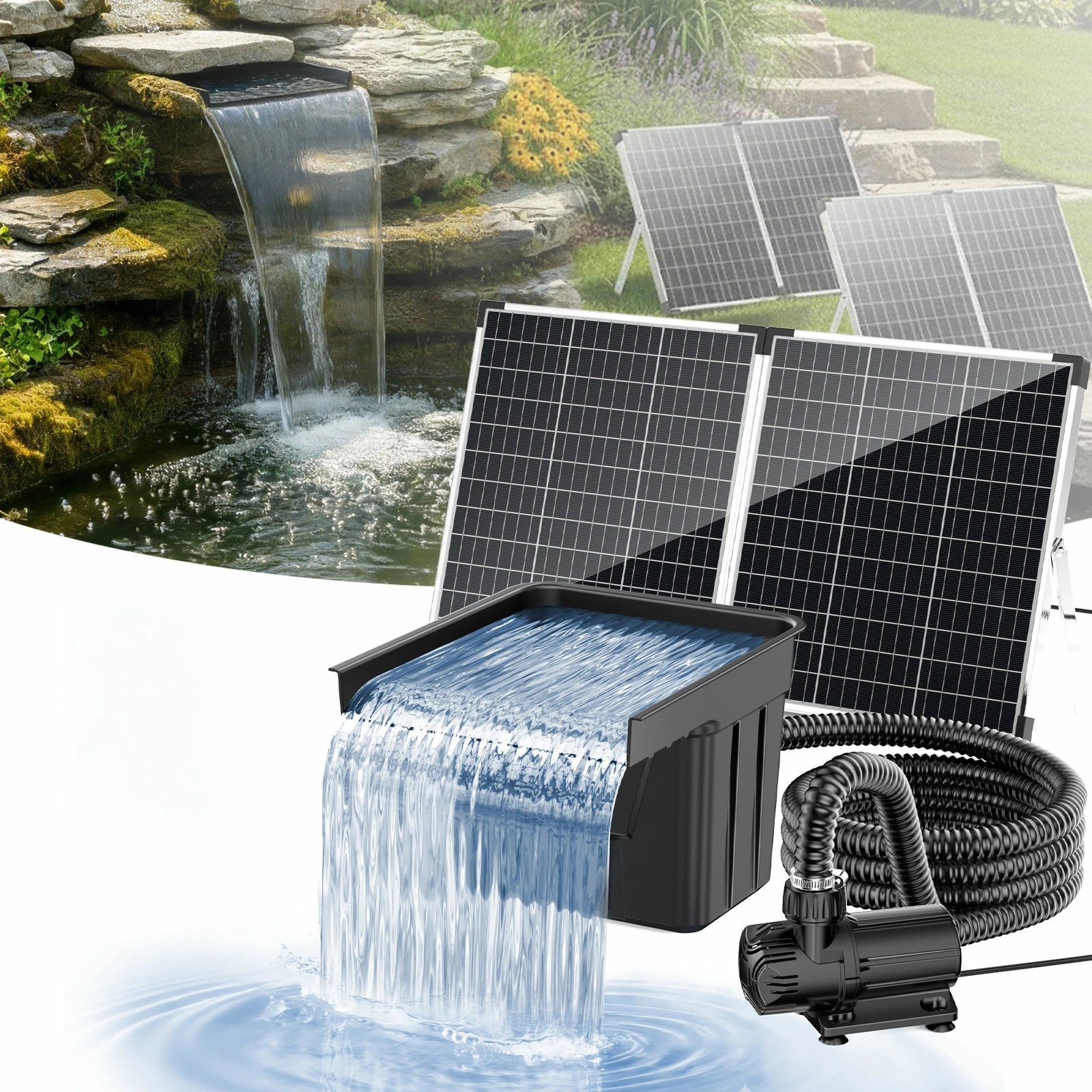 120W 1600GPH Solar Waterfall Pump Kit with 12.6"x15" Spillway