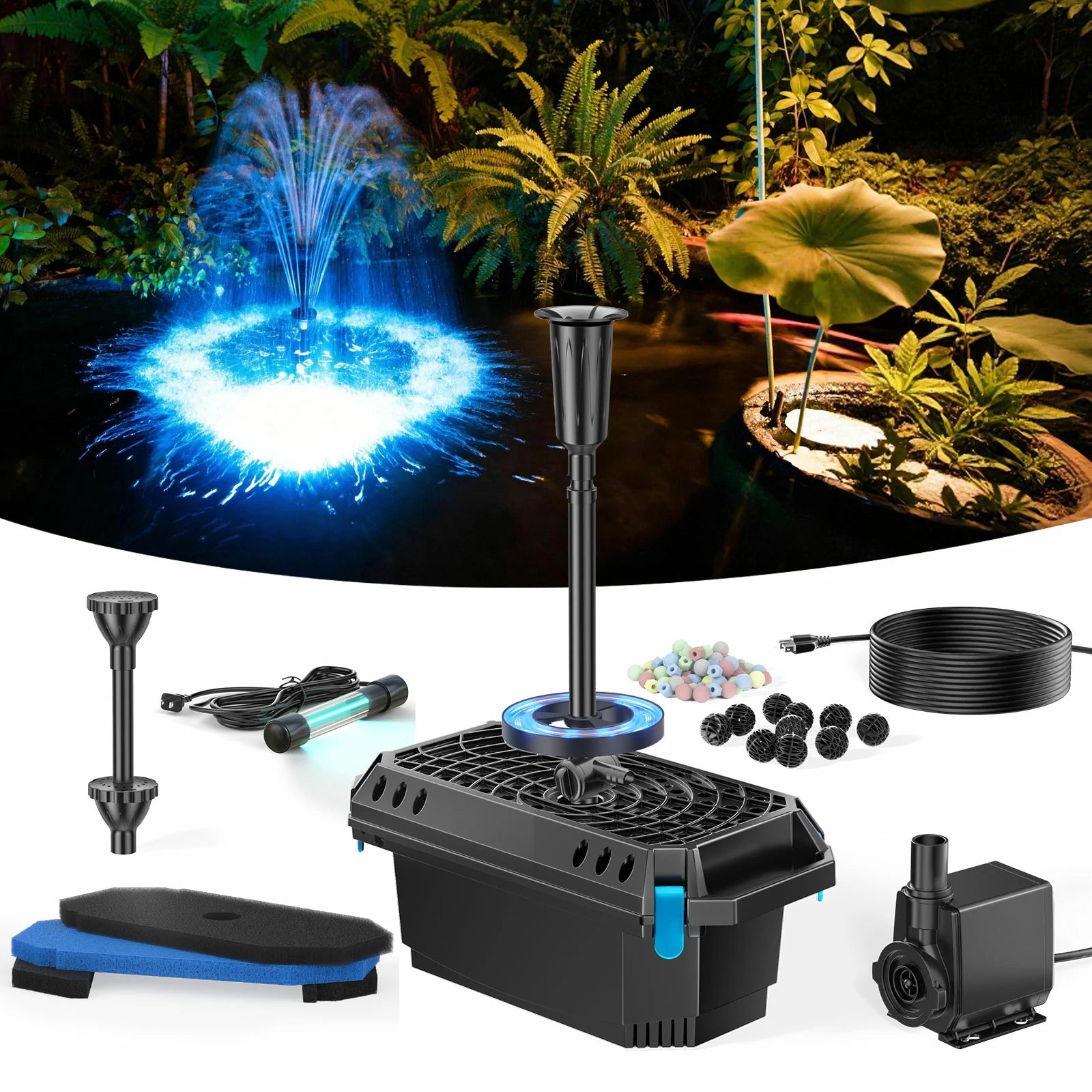 PF360 660GPH Pond Filter Fountain with Light (UV Light & Remote Control)