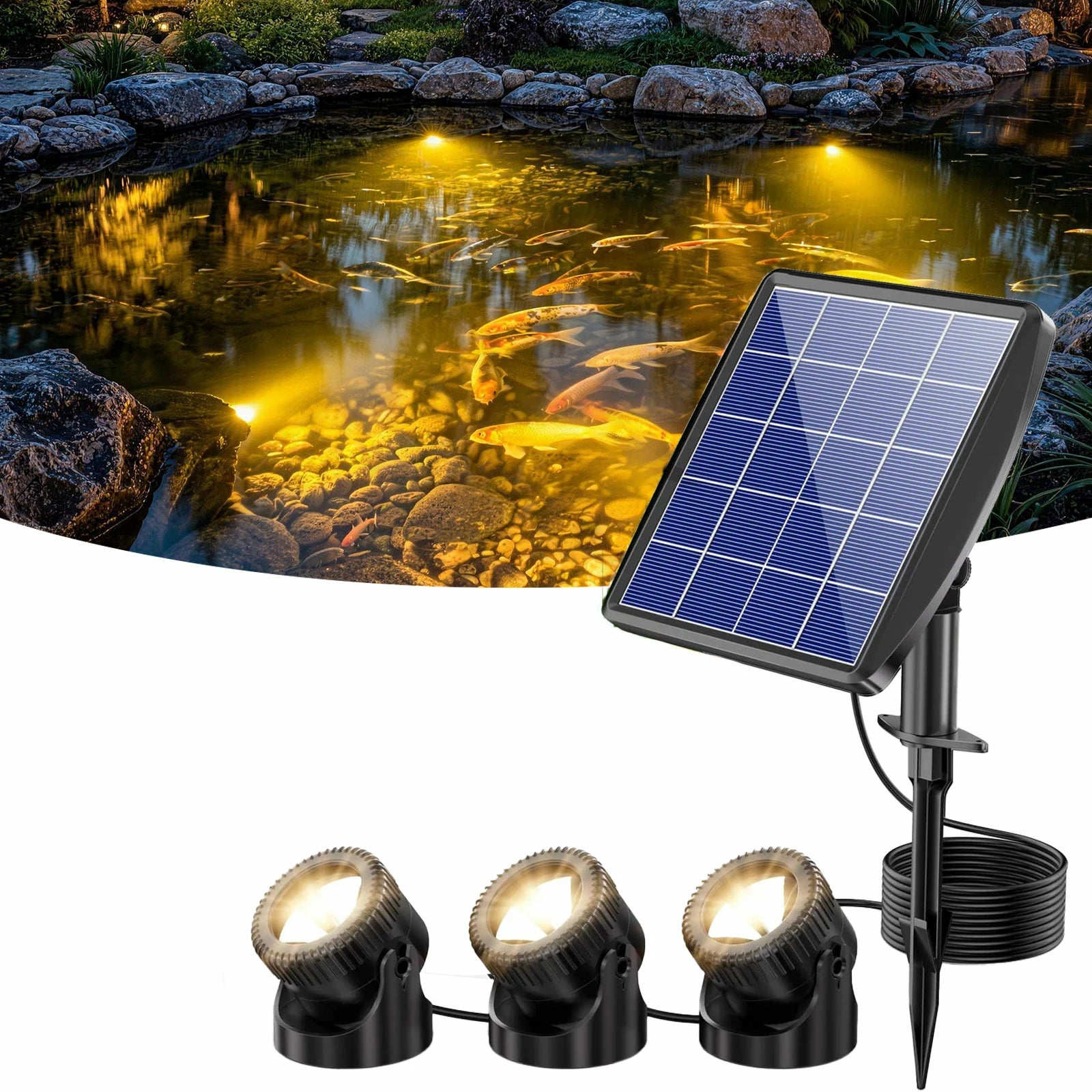 3-Head Warmwhite Underwater Solar Pond Lights